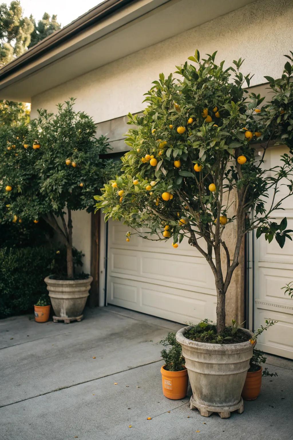 A mini orchard of potted fruit trees adding charm and fruitfulness.