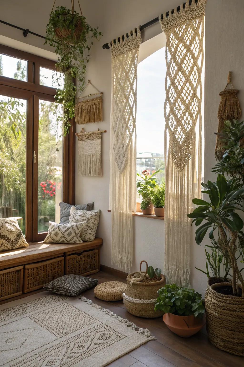 Macrame panels add texture and a bohemian flair to window decor.