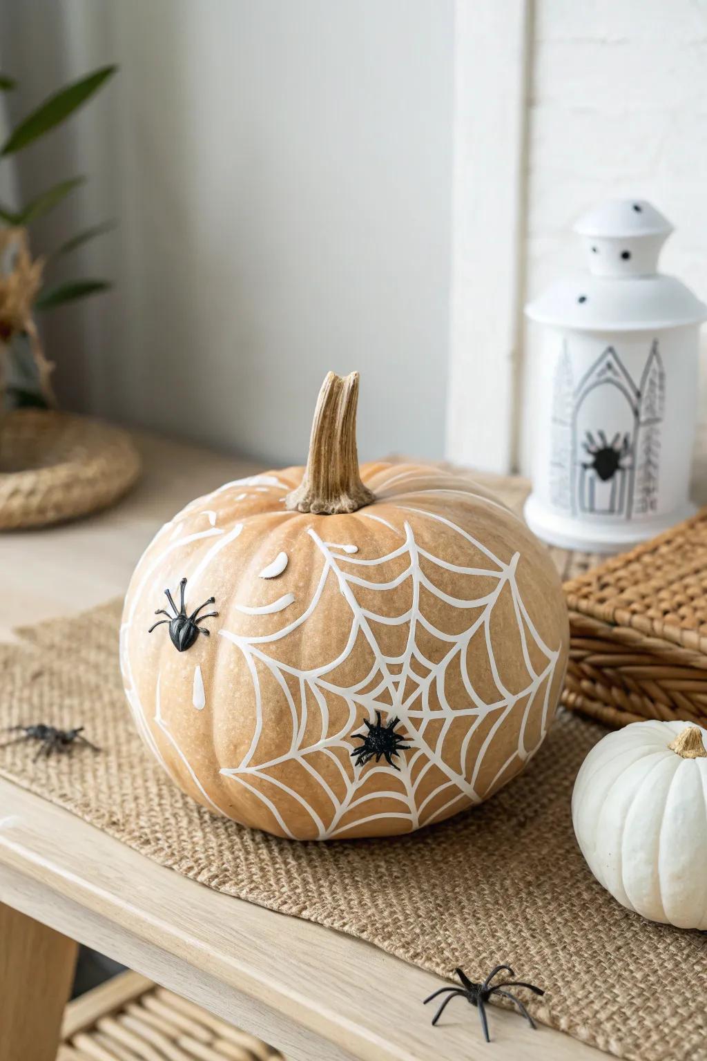 Craft an elegantly eerie vibe with delicately painted spider webs on your pumpkin this Halloween season.