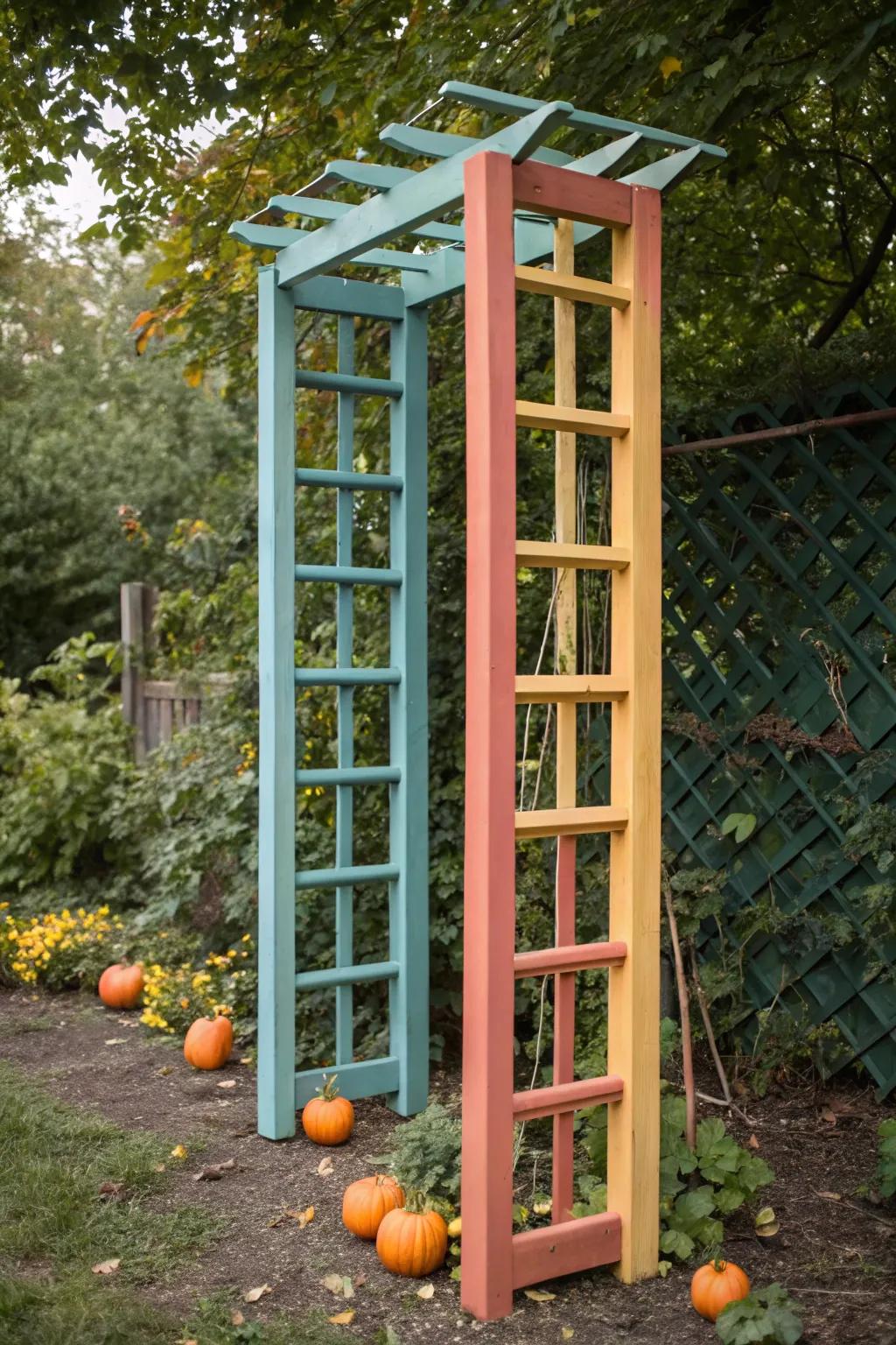 Brighten your garden with a splash of color! Discover the charm of a painted trellis for your pumpkin vines.
