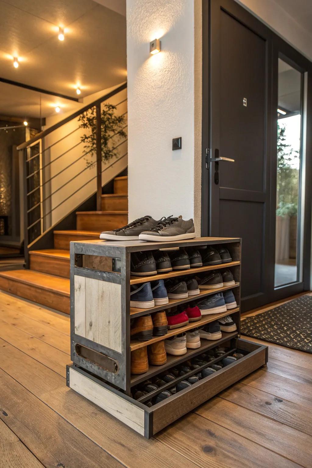Turn your entryway into a statement of style and function with a repurposed box spring shoe rack.
