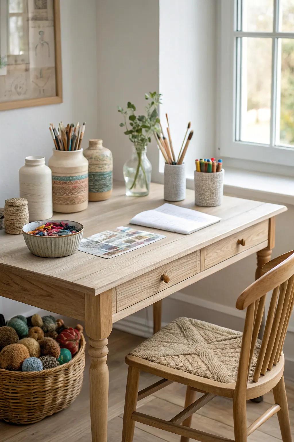 Transform your dining room into a serene crafting haven, where creativity flourishes in minimalist elegance.