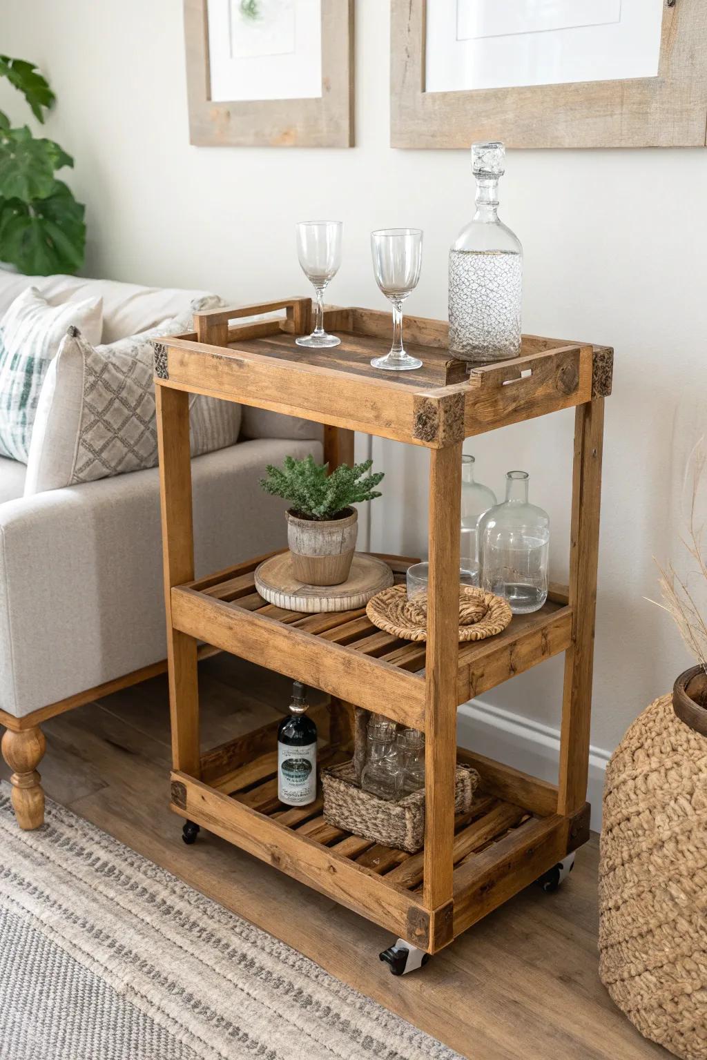 Transform your space with a rustic pallet bar cart—where simplicity meets style. 🍹✨
