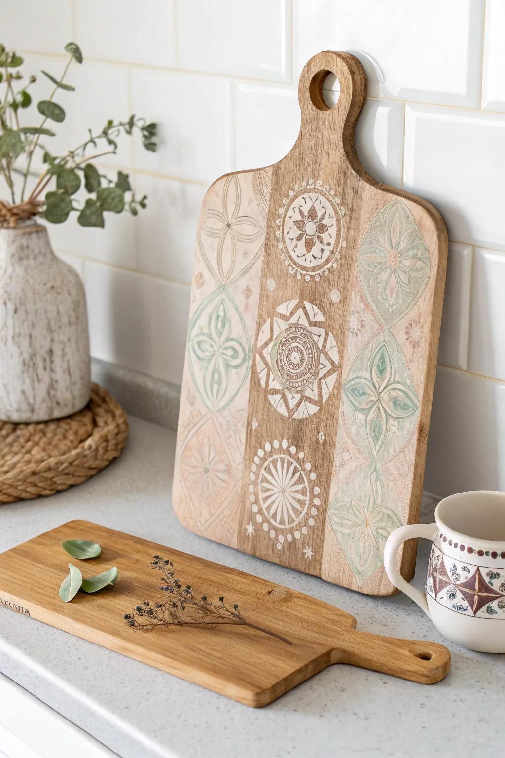Transform your kitchen with a touch of vintage charm through artfully stenciled cutting boards.