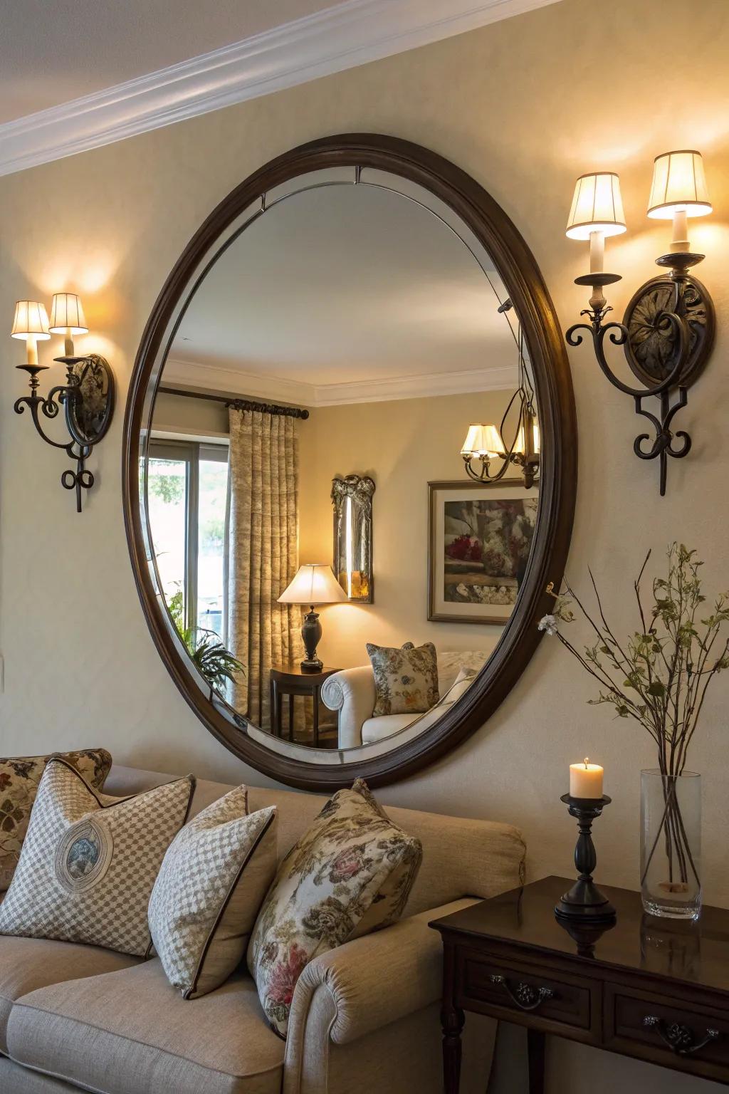 Lighting enhances the allure of a round mirror in a living room.