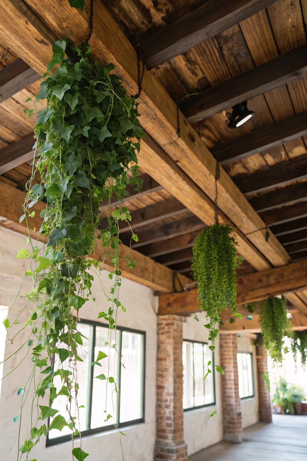 Elevate your basement's charm with the natural elegance of hanging plants against rustic beams.
