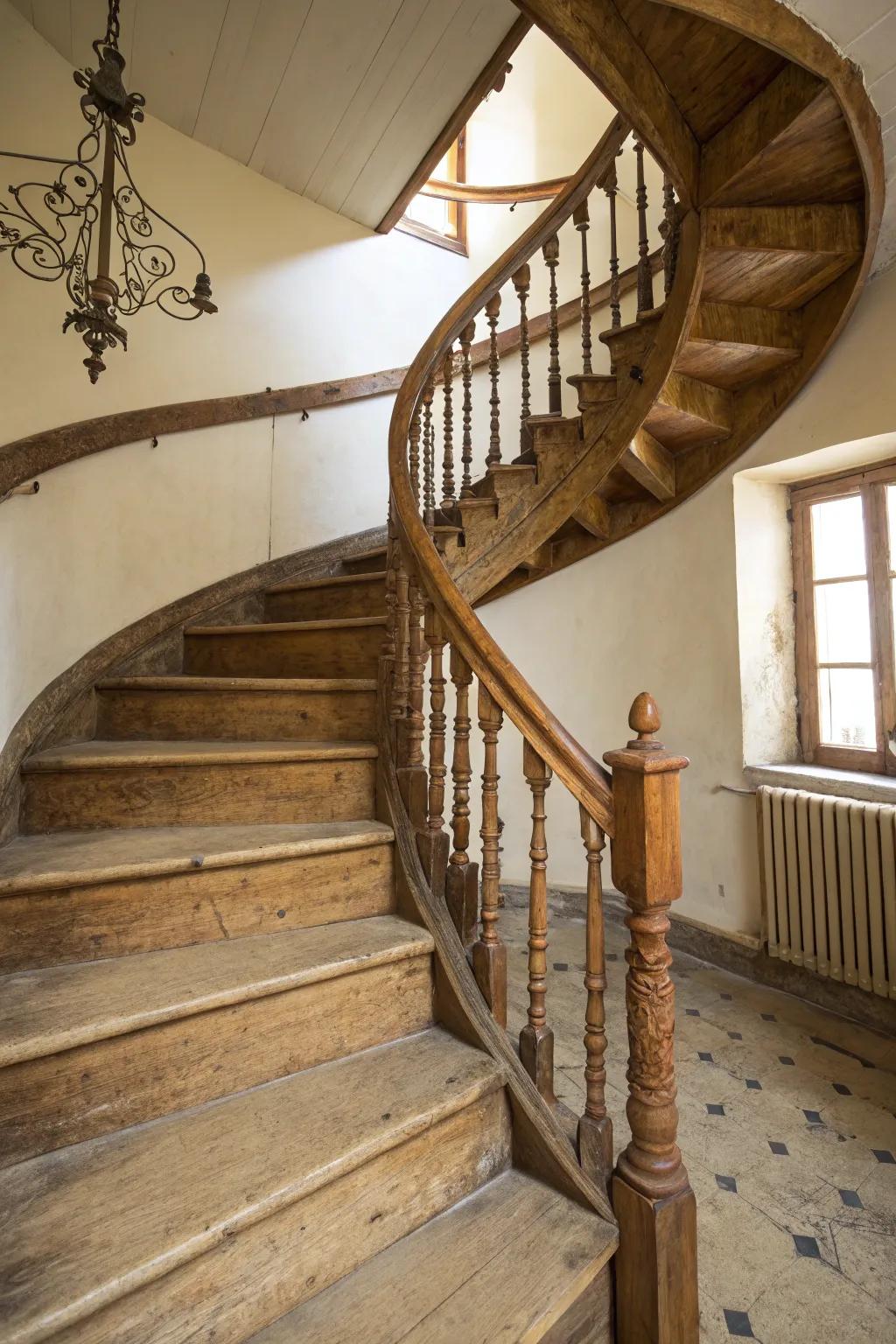 A spiral staircase that serves as a compact yet stunning focal point with rustic charm.
