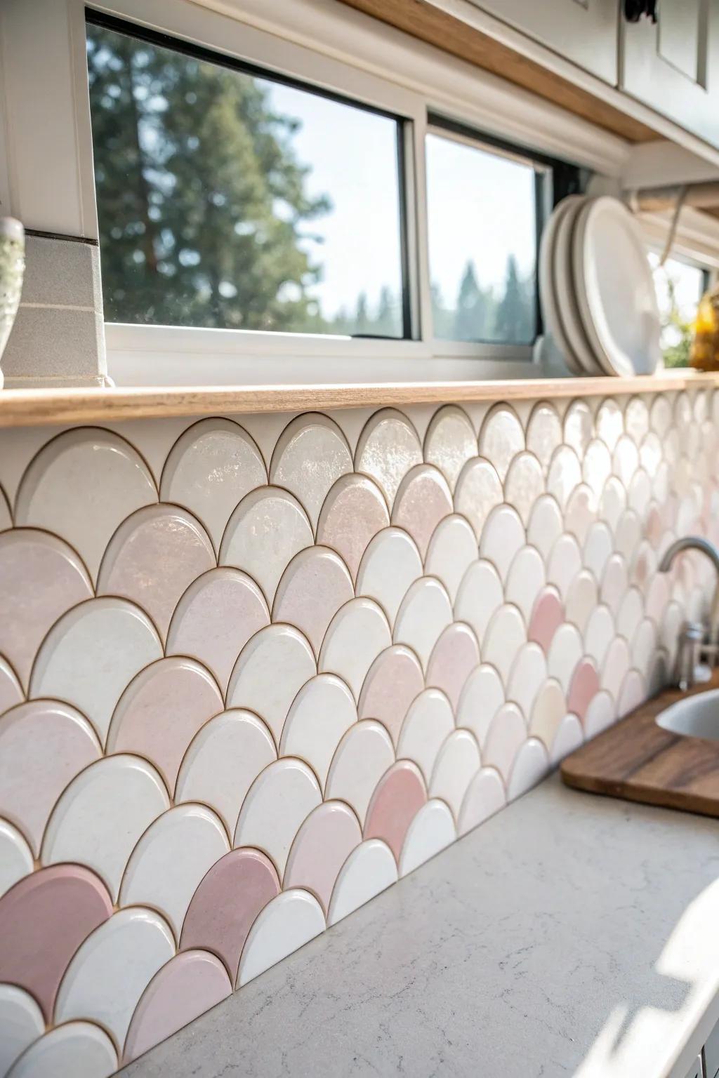 Elevate your RV kitchen with whimsical scalloped tiles that blend minimalist elegance with a playful touch.