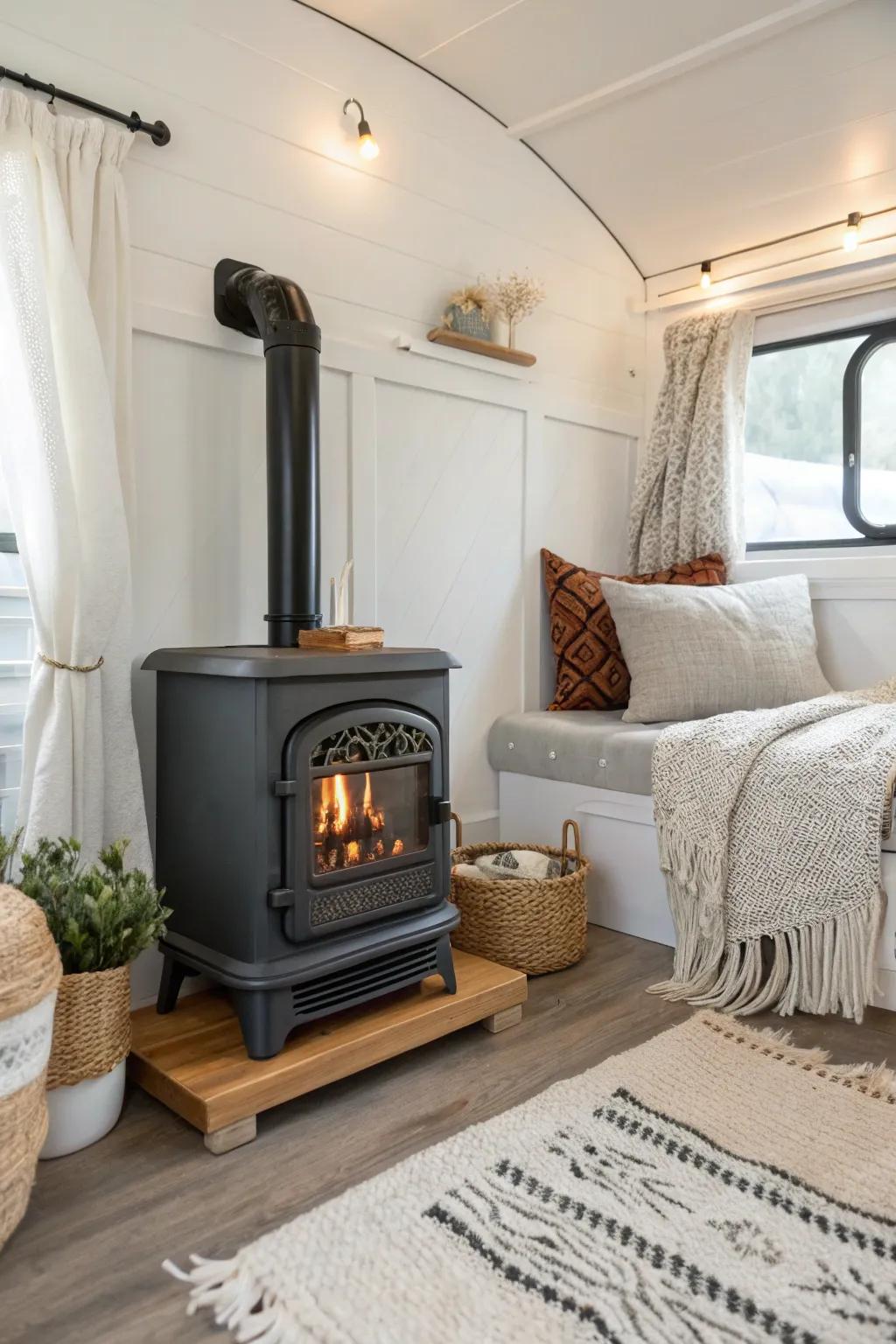 Add a touch of warmth and charm to your RV bedroom with a stylish fireplace heater. #CozyMinimalism #RVMakeover