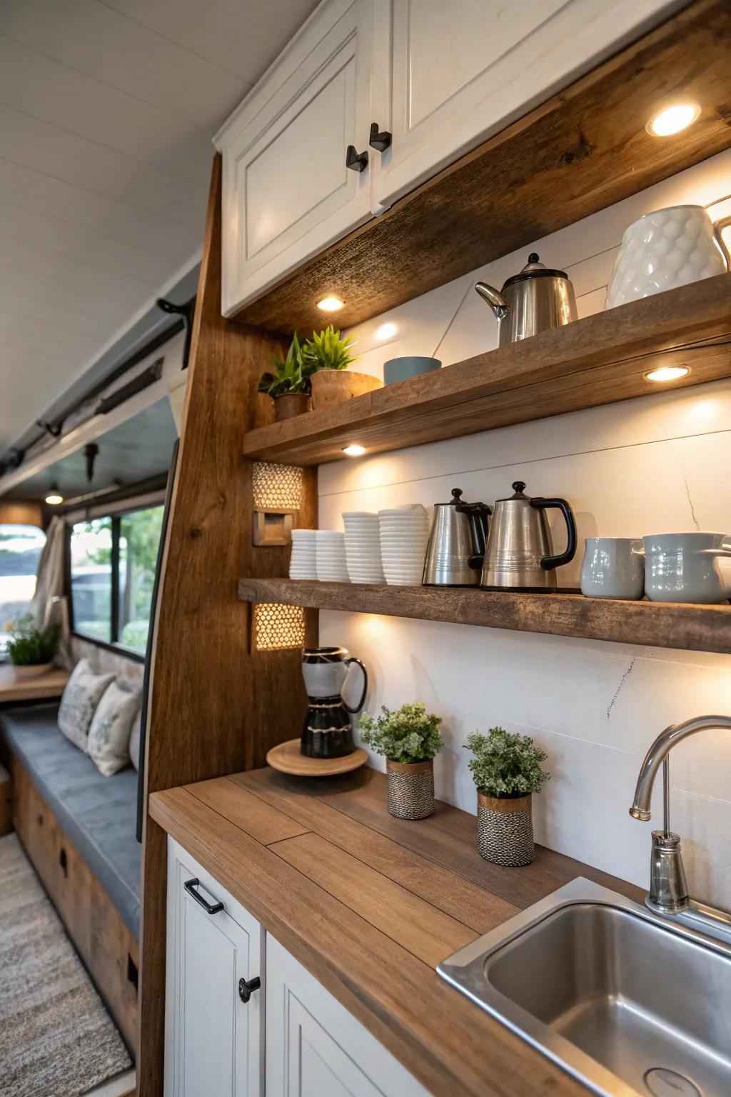Elevate your RV's style with open shelving charm—where craftsmanship meets functionality.