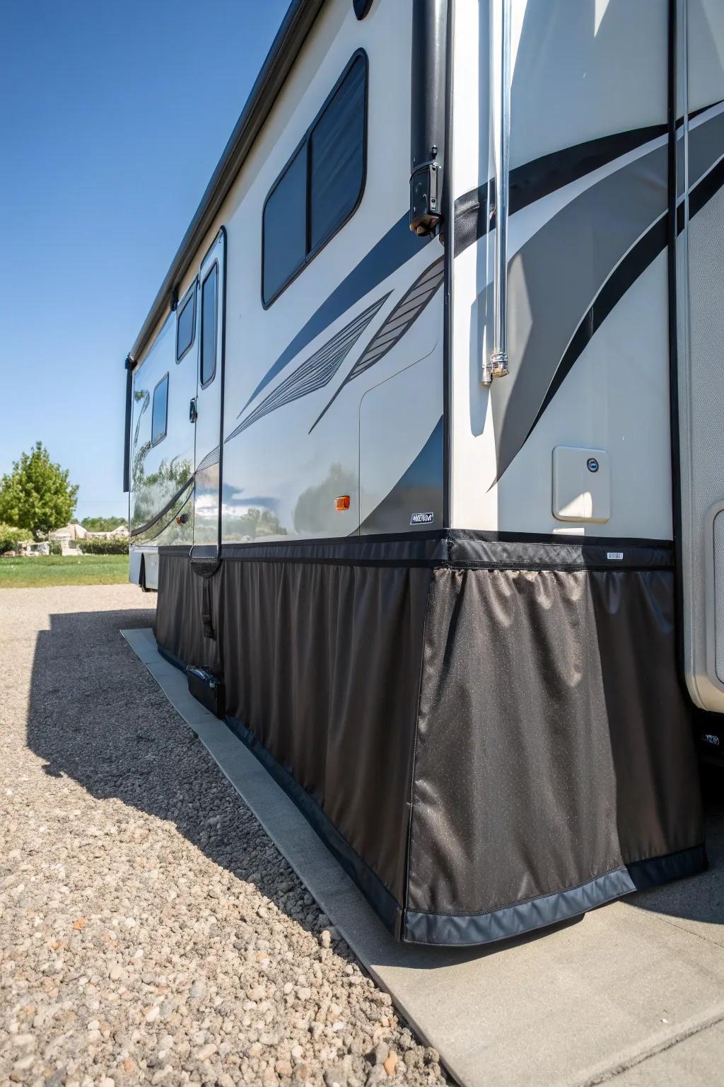 Secure your adventure: Experience the craftsmanship of snap-on RV skirts.