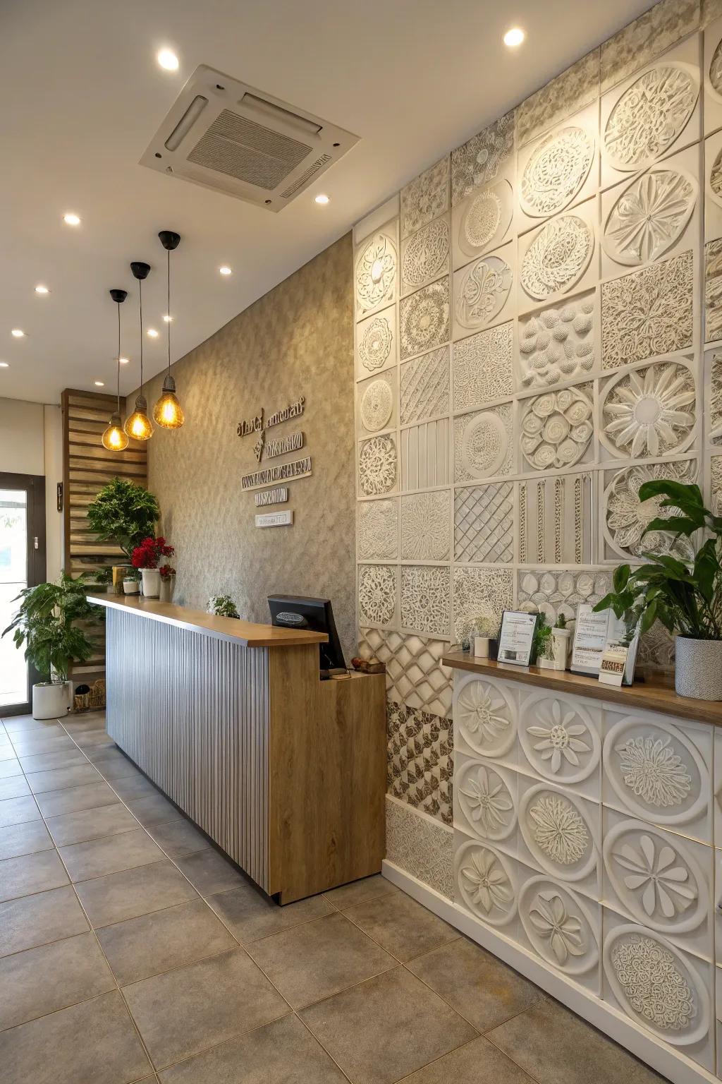 A salon reception area featuring unique wall textures that add depth and character.