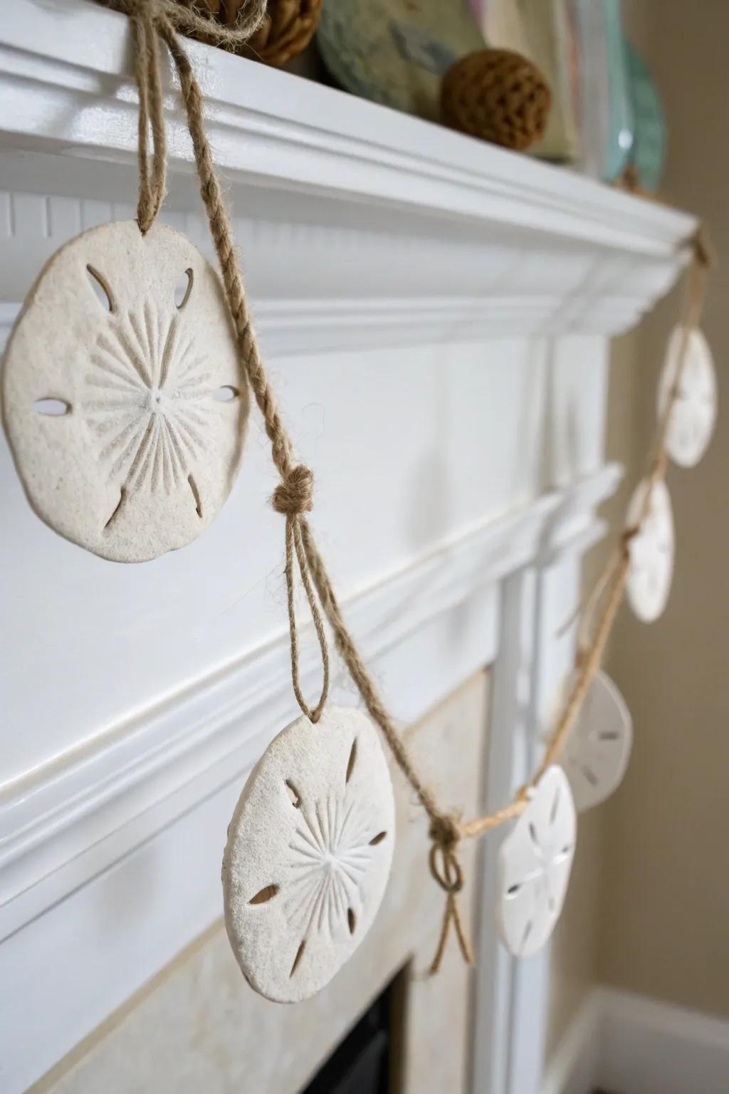 Embrace coastal elegance with a rustic sand dollar garland for a cozy, minimalist vibe.