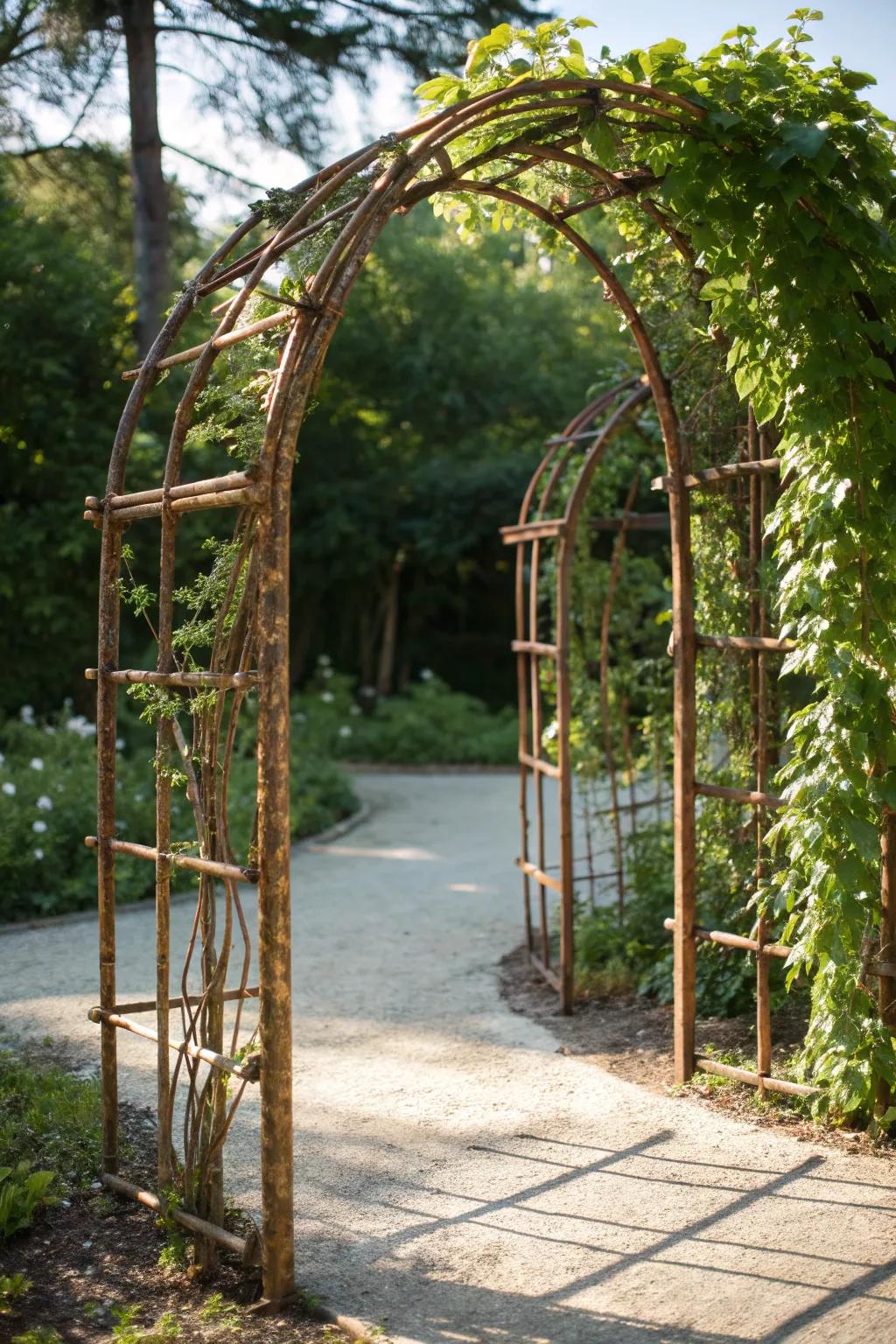 Transform your garden entrance with a handcrafted metal arch, where craftsmanship meets nature.