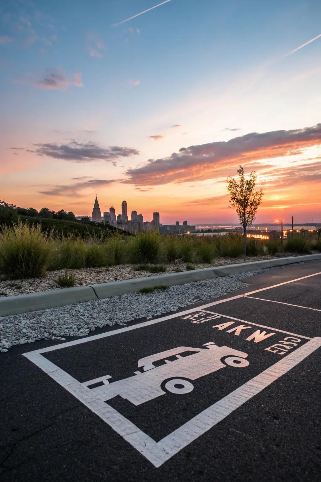 Transform everyday spaces with the serene beauty of a cityscape silhouette stencil. Perfect for adding a touch of urban elegance to senior parking spots.