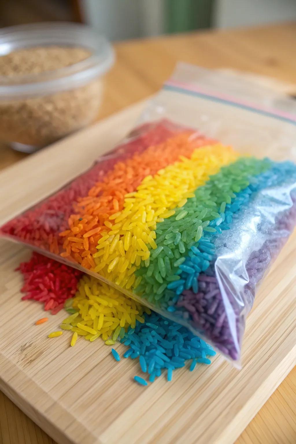 Watch colors dance and crunch with our Rainbow Rice Sensory Bag — a minimalist delight for little hands and curious minds.
