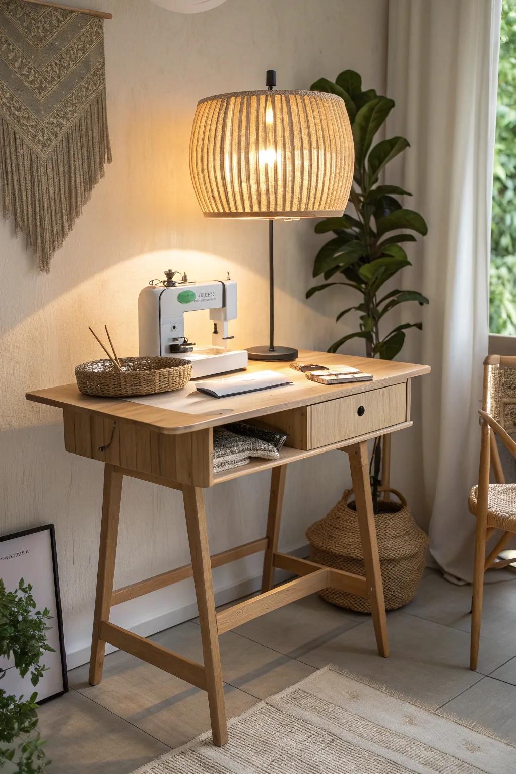 Illuminate your creativity with a beautifully lit sewing table, perfect for those cozy late-night projects.