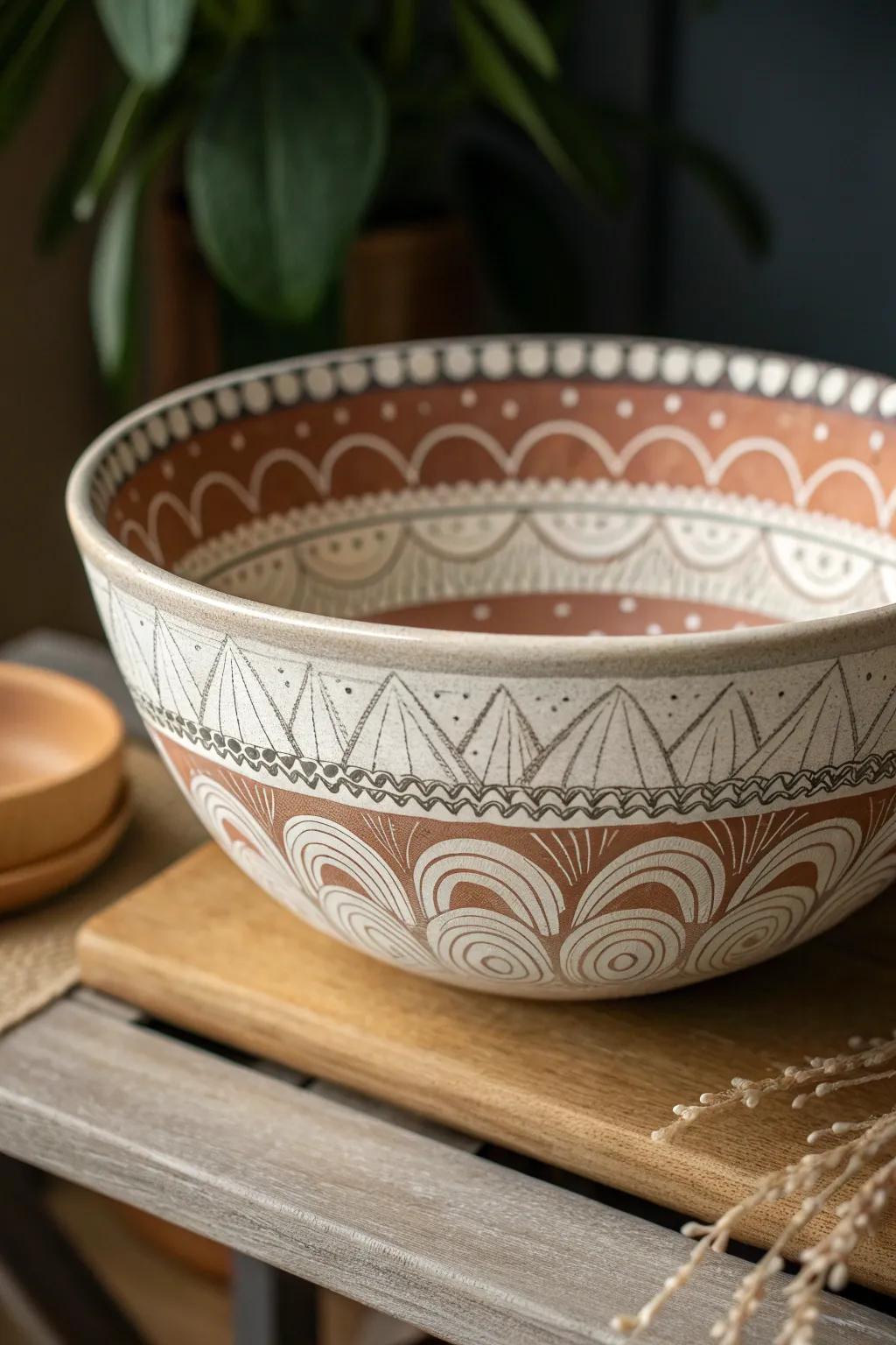 Elevate your dining experience with the elegance of layered sgraffito patterns.