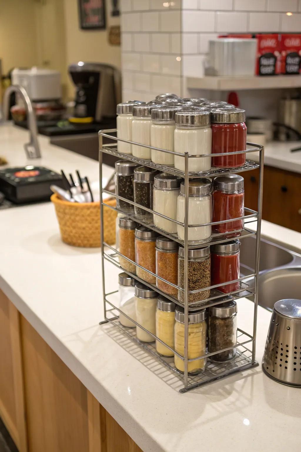 Stackable vertical racks maximize storage space for shaker bottles.