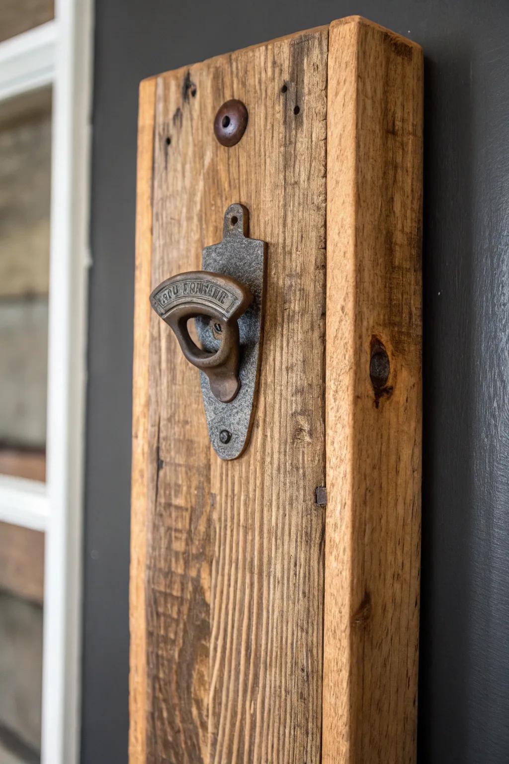 Elevate your man cave with a touch of craftsmanship: a rustic wall-mounted bottle opener.
