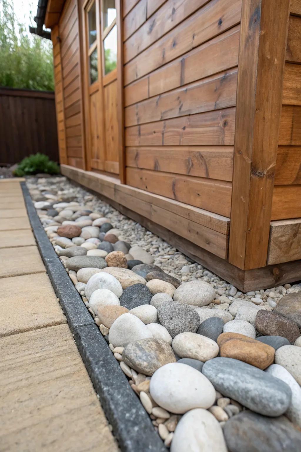 Elevate your shed's style and function with a beautifully crafted pebble pathway skirting.