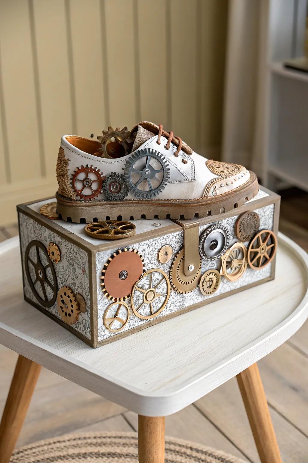 Discover the art of steampunk elegance with this unique shoe box float, where craftsmanship meets creativity.