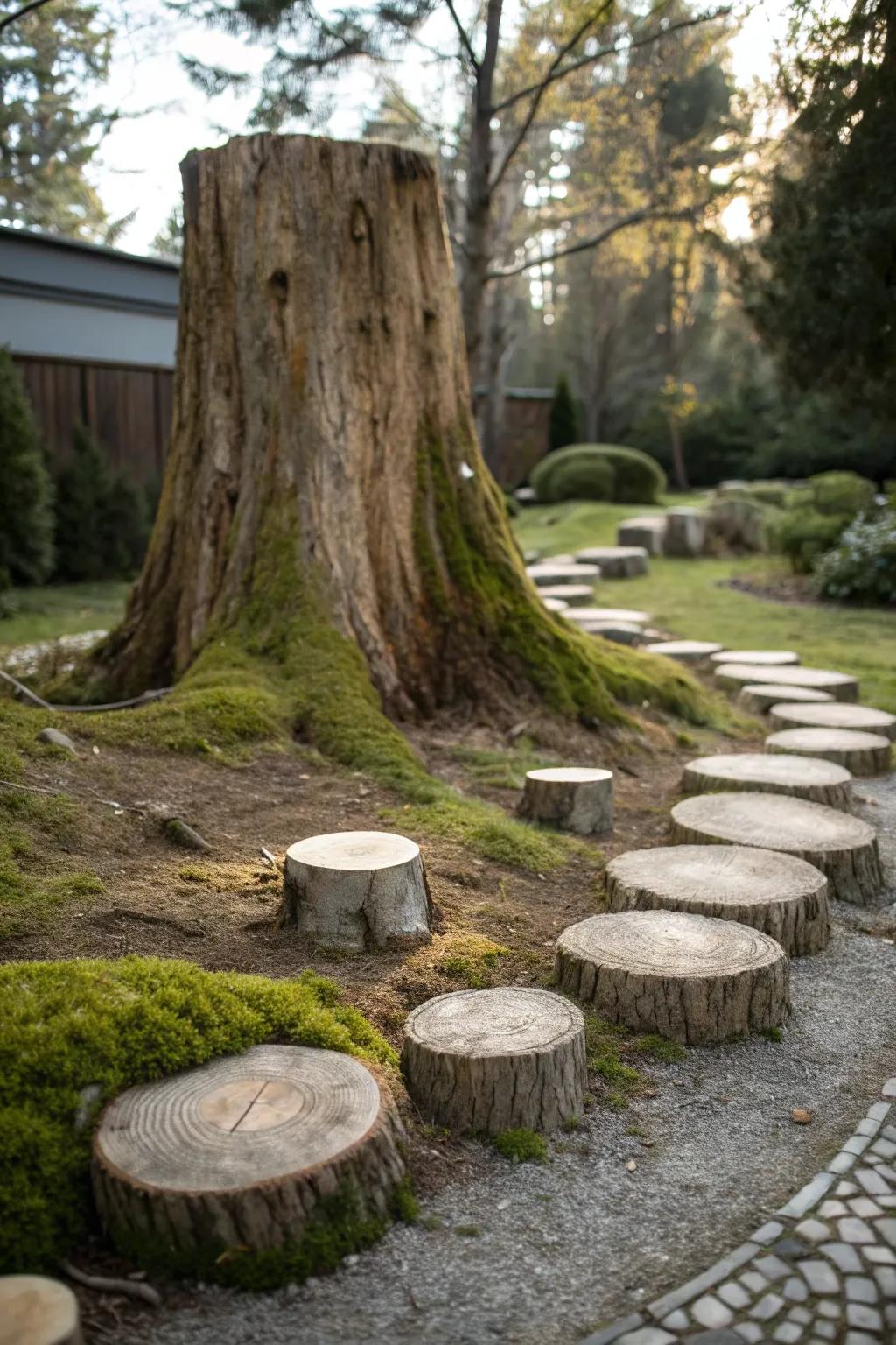 Step into adventure with a charming tree stump pathway that invites exploration and creativity in your garden.