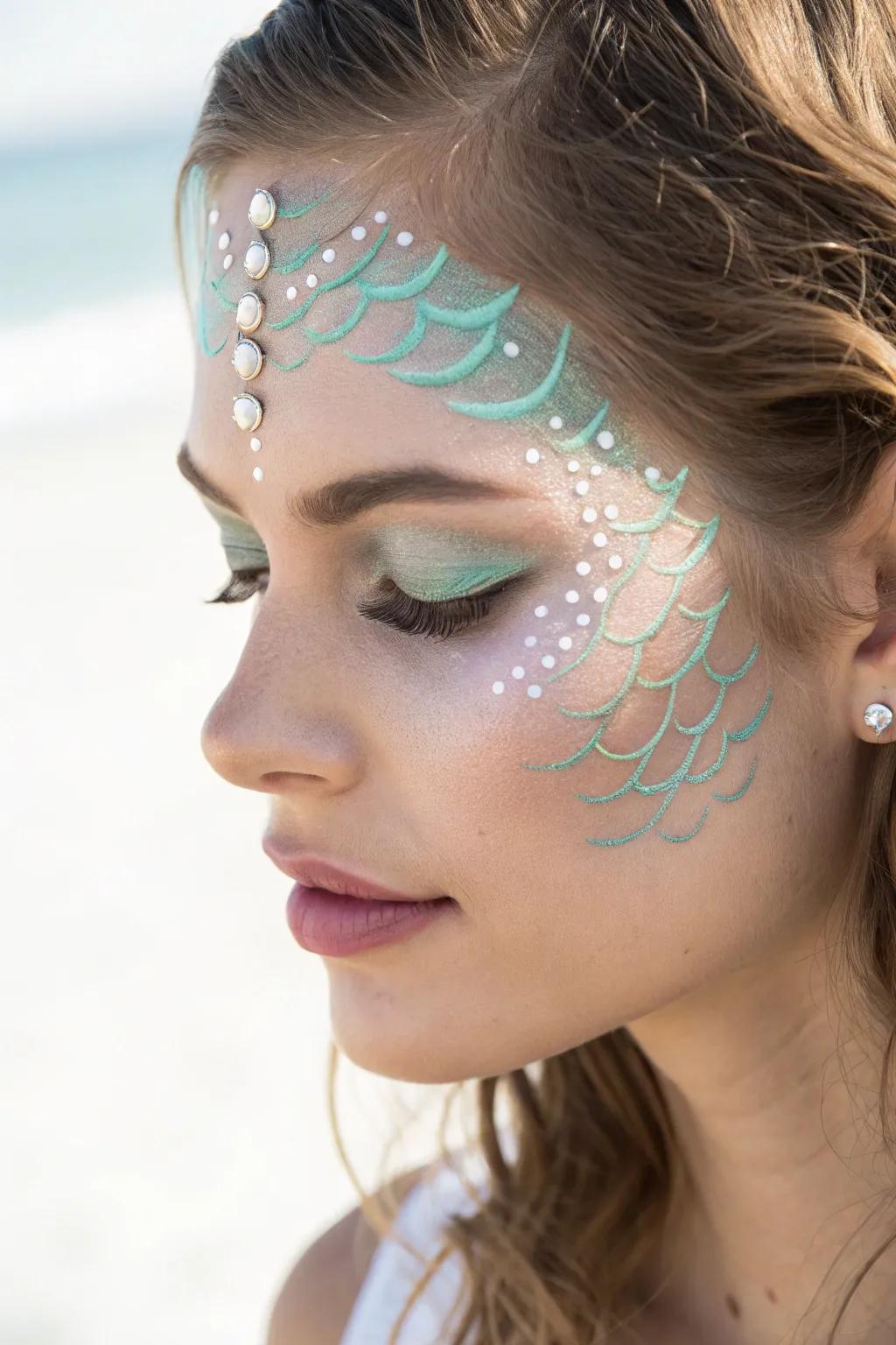 Embrace the mystical allure of the ocean with this enchanting mermaid face paint design. 🌊✨ #MermaidMagic #MinimalistBeauty