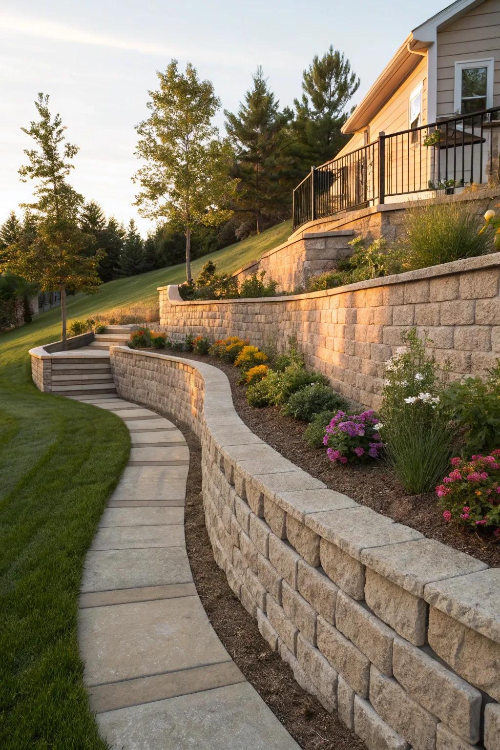 Embrace the natural flow with expertly crafted curved retaining walls, adding elegance and function to your sloped backyard.