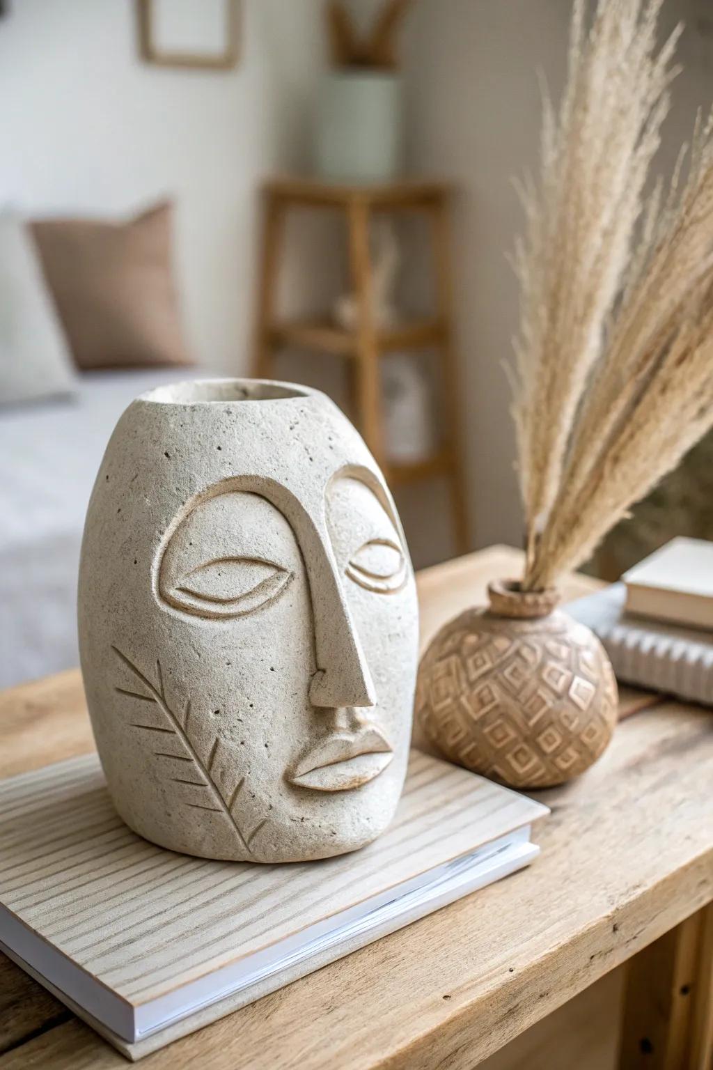 Discover the allure of simplicity with this abstract clay face sculpture, where tradition meets modern elegance.