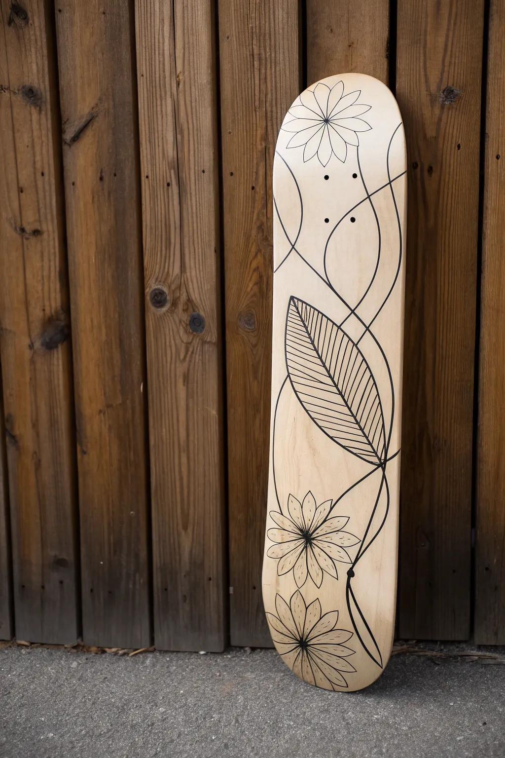 Minimalism in motion: A study of simplicity and craftsmanship captured on a skateboard deck.