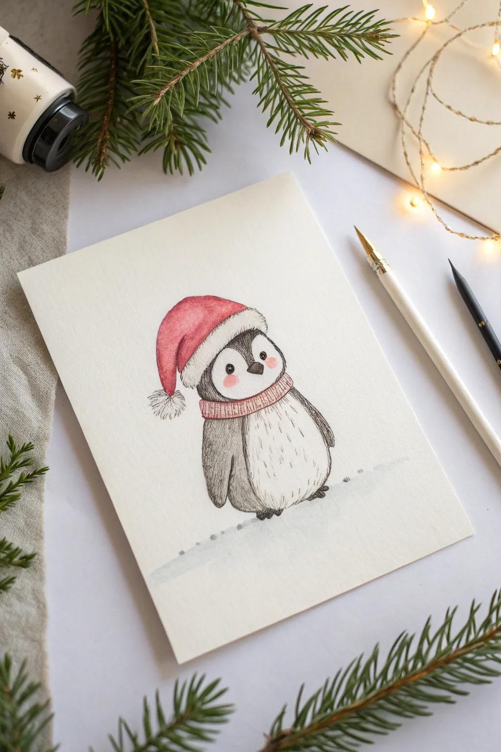 Add a whimsical touch to your holiday with a merry little penguin in a Santa hat!