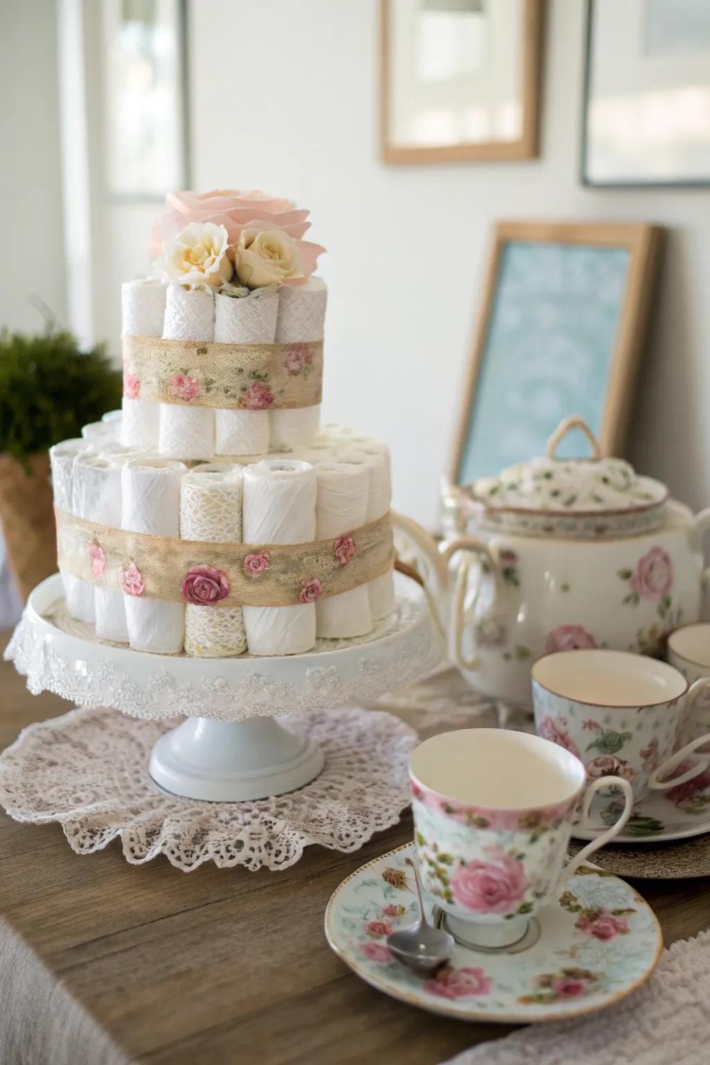 Embrace timeless charm with a vintage tea party diaper cake — where elegance meets simplicity.