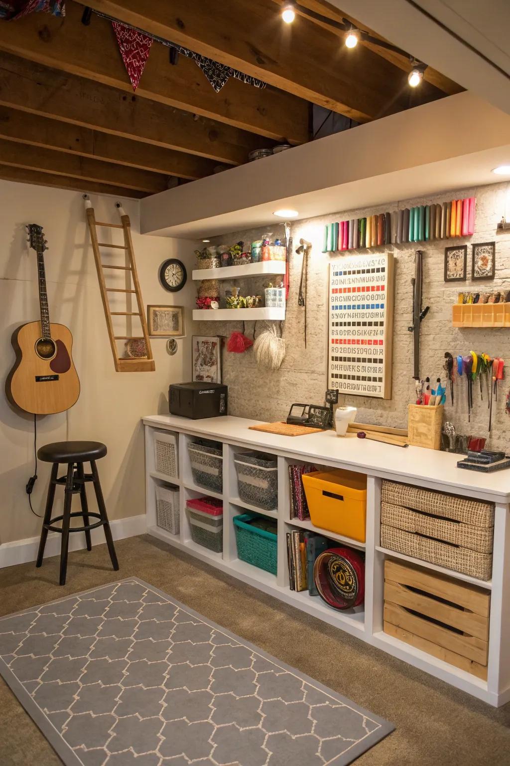 Design a dedicated area for your hobbies in the basement.