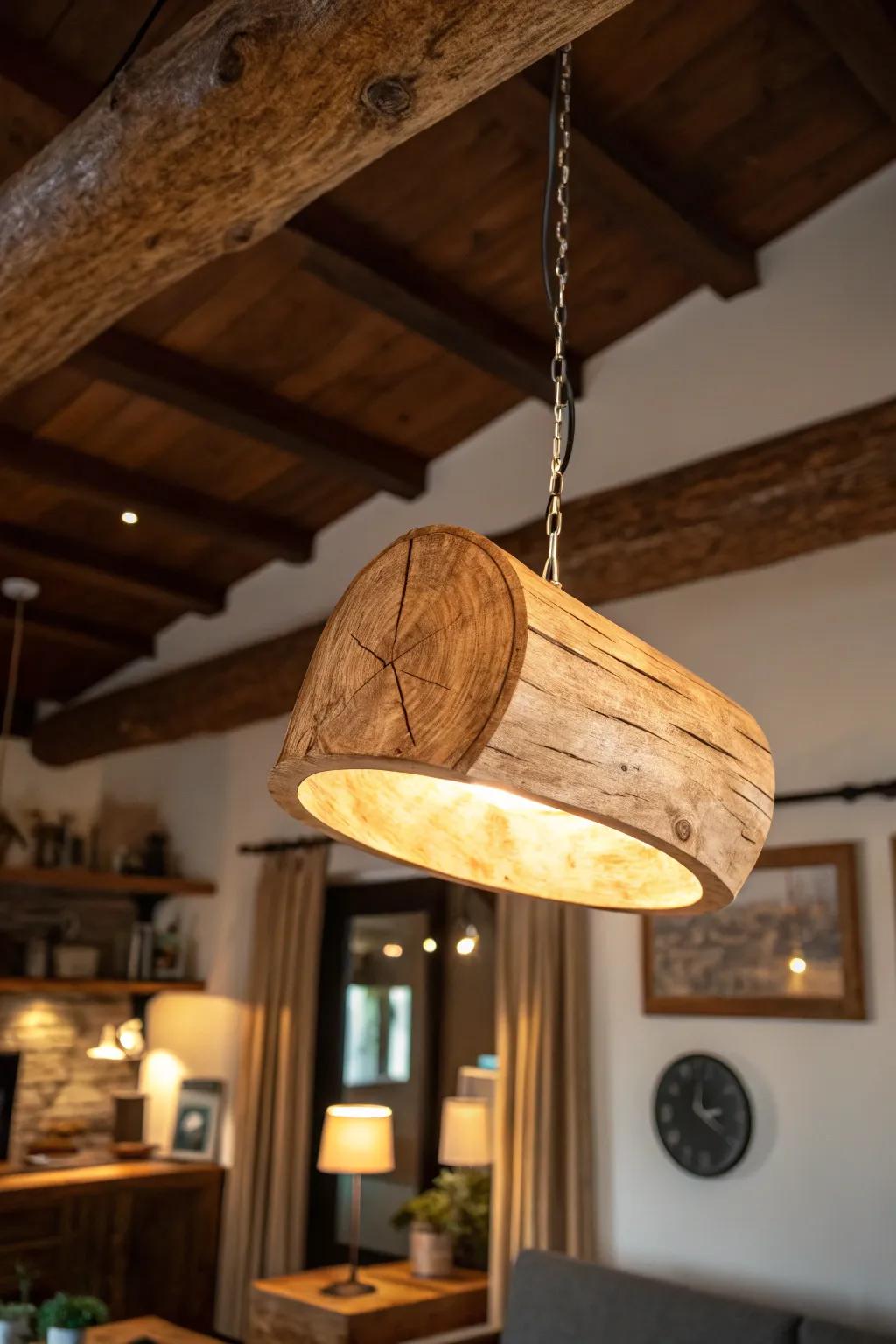 Illuminate your space with the rustic charm of a handcrafted hanging log lamp.