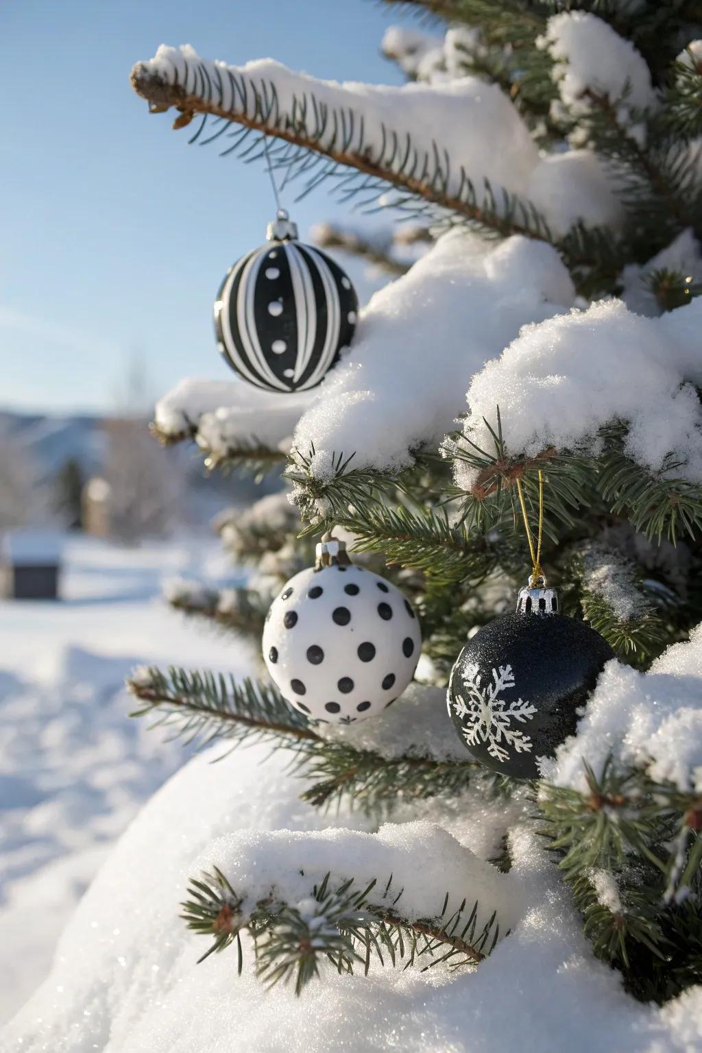 Bold black and white ornaments for a modern and striking snowy Christmas tree.