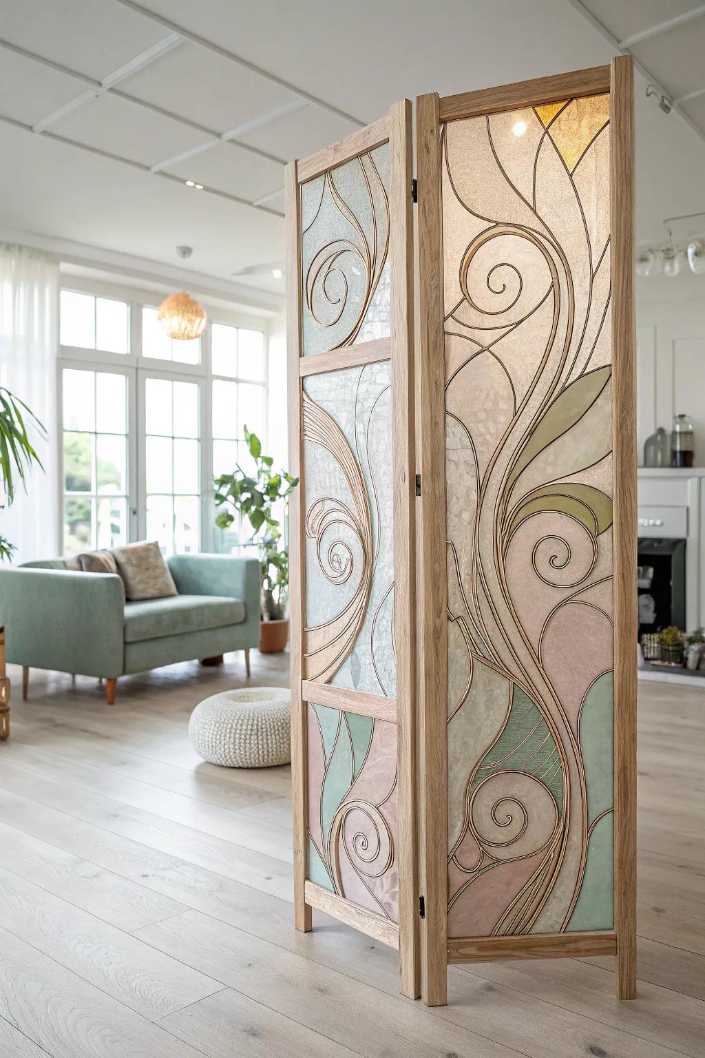 Elevate your space with a touch of artistry: a stunning stained glass room divider that blends Scandinavian minimalism with bohemian charm.