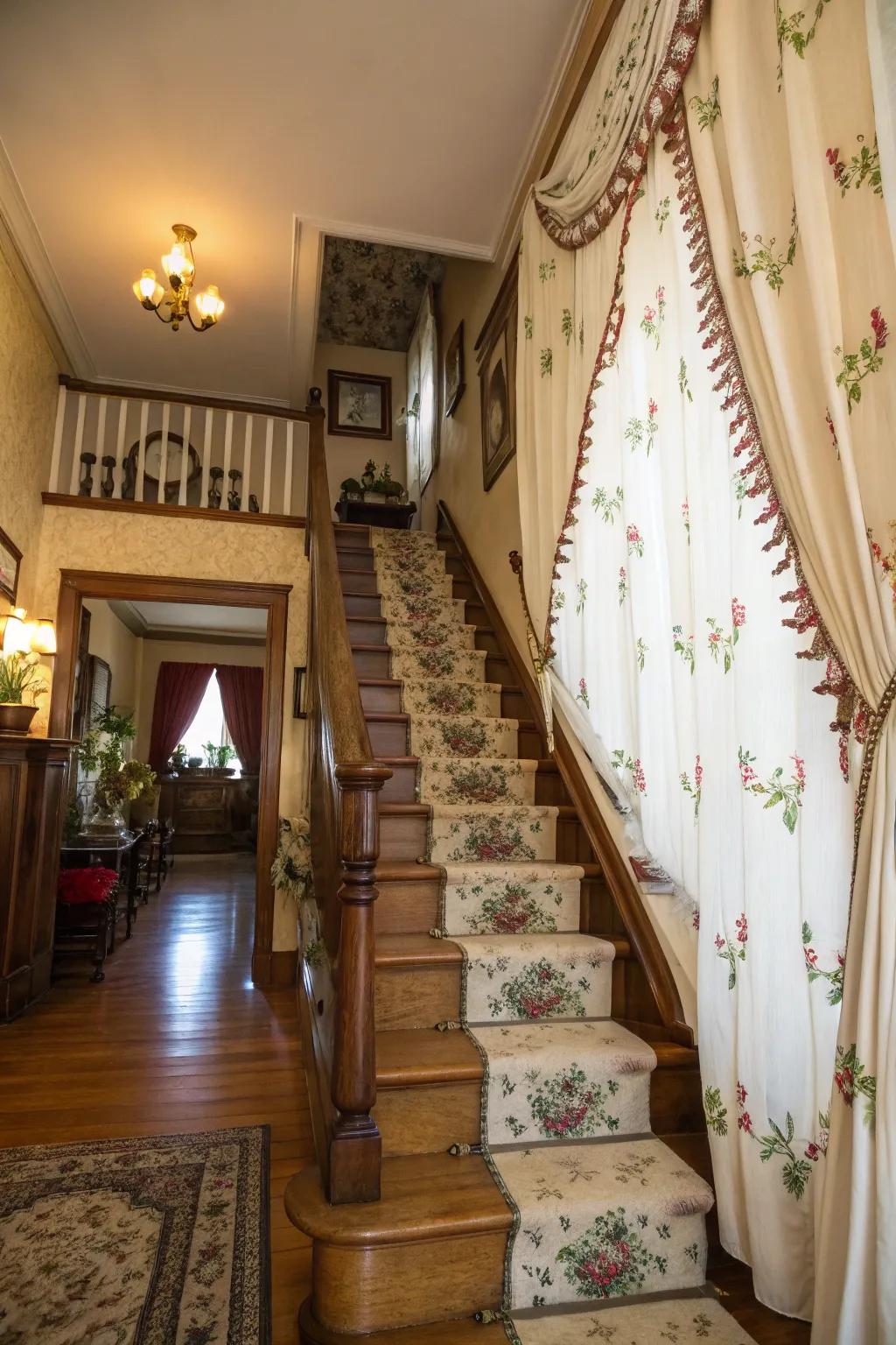 Embroidered curtains add intricate and elegant details to your stairwell.