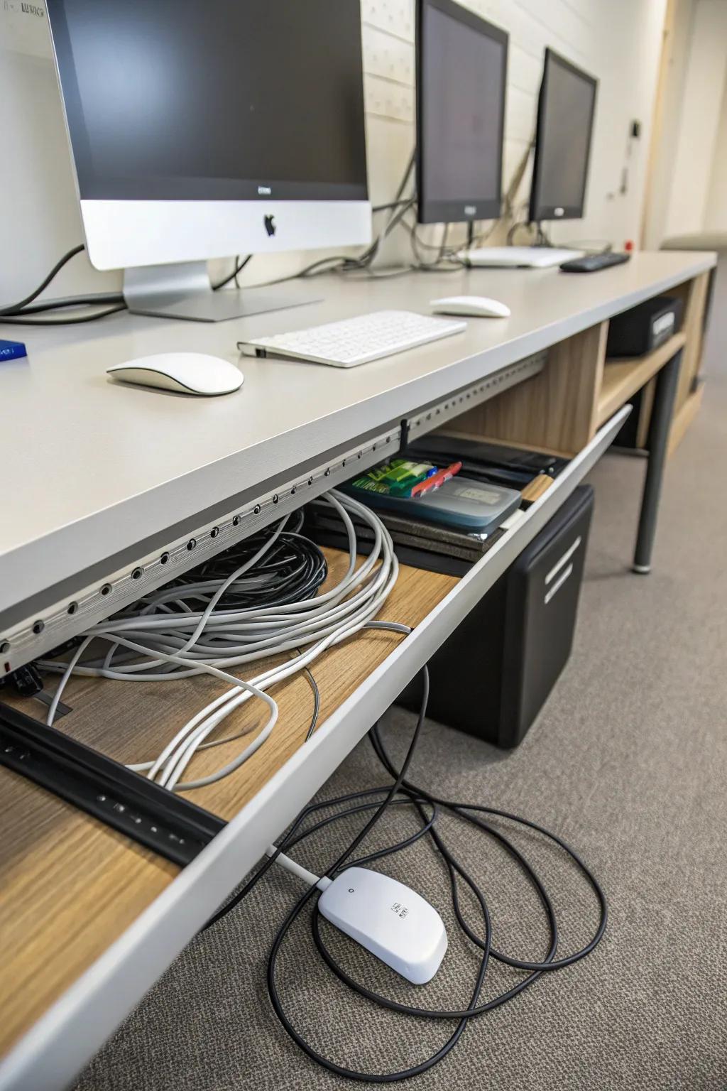 Cable raceways conceal cords for a streamlined, professional workspace.