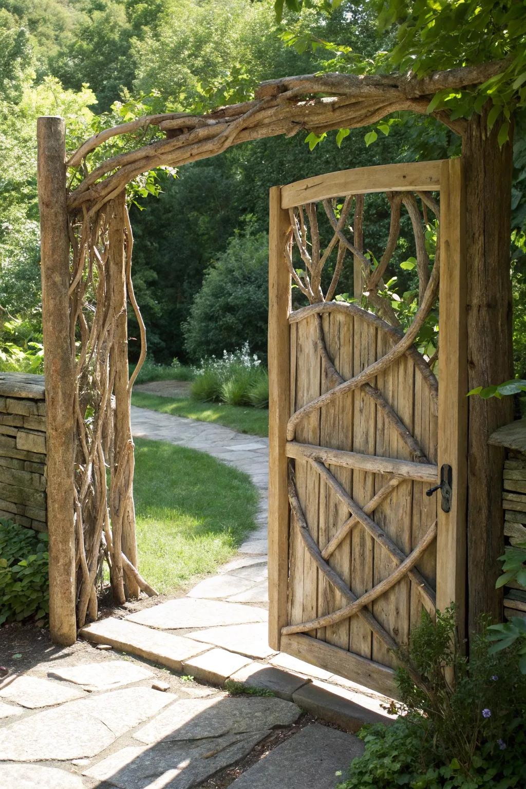 Step into nature's embrace with a handcrafted swinging gate.