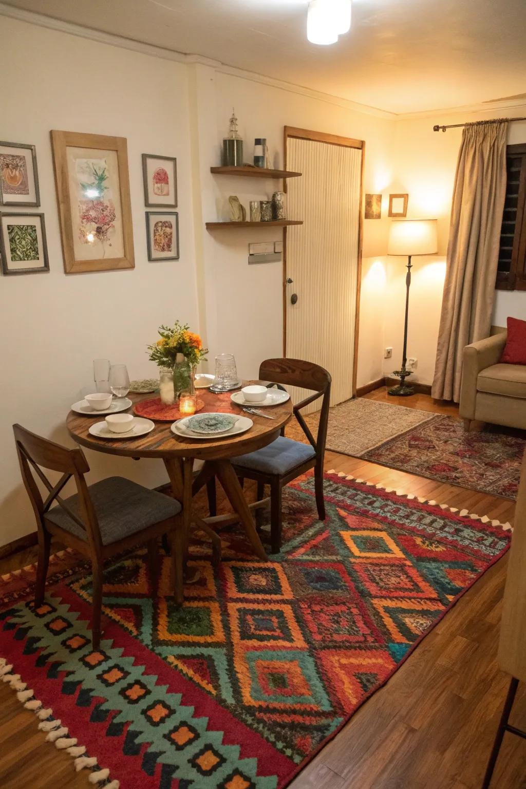 Rugs can define and add warmth to dining spaces.