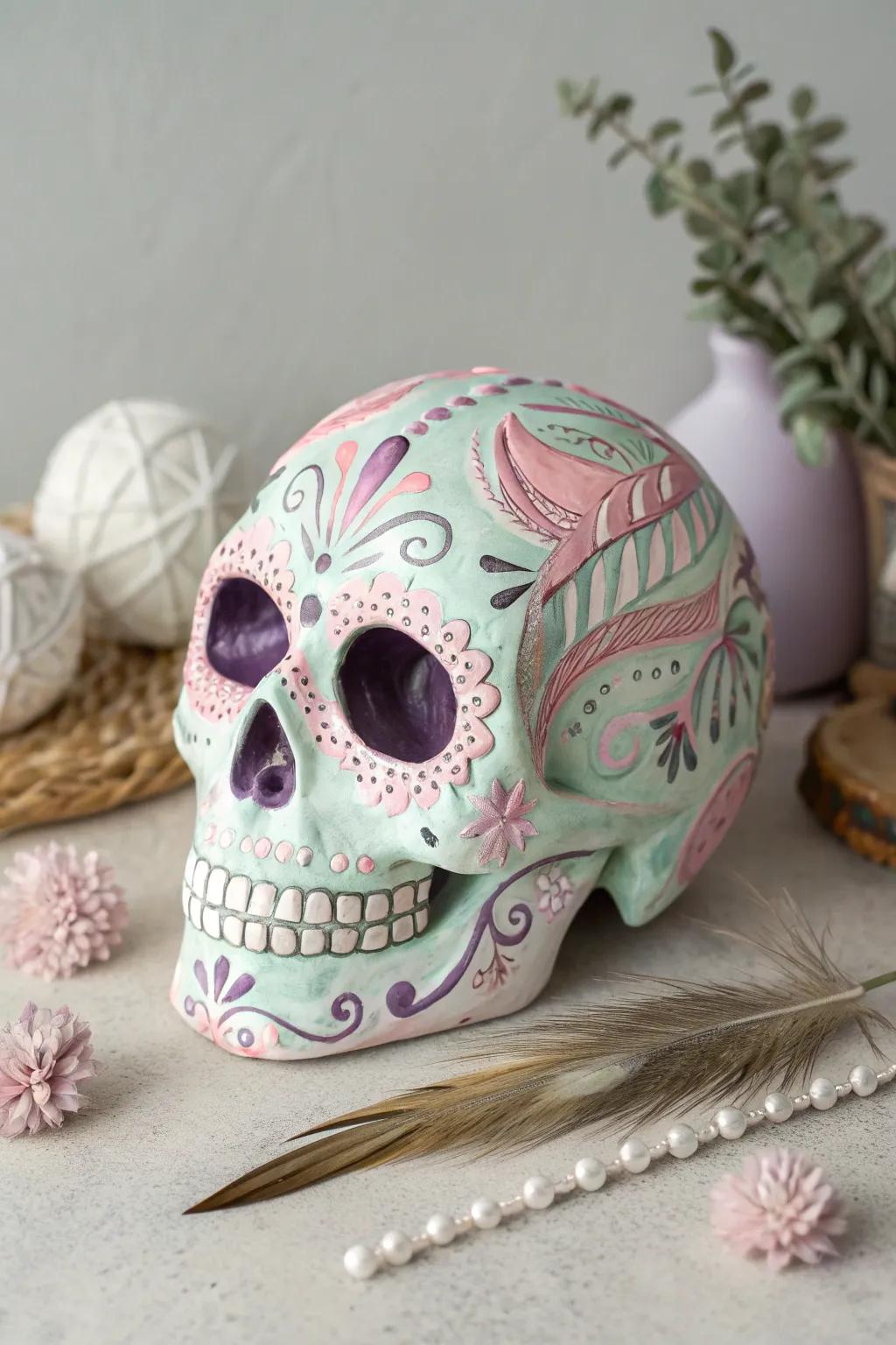 Whimsical elegance meets minimalist charm with this candy-colored sugar skull.