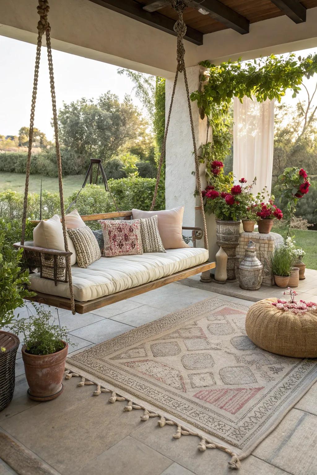 A multi-seater swing is perfect for family gatherings and cozy conversations.