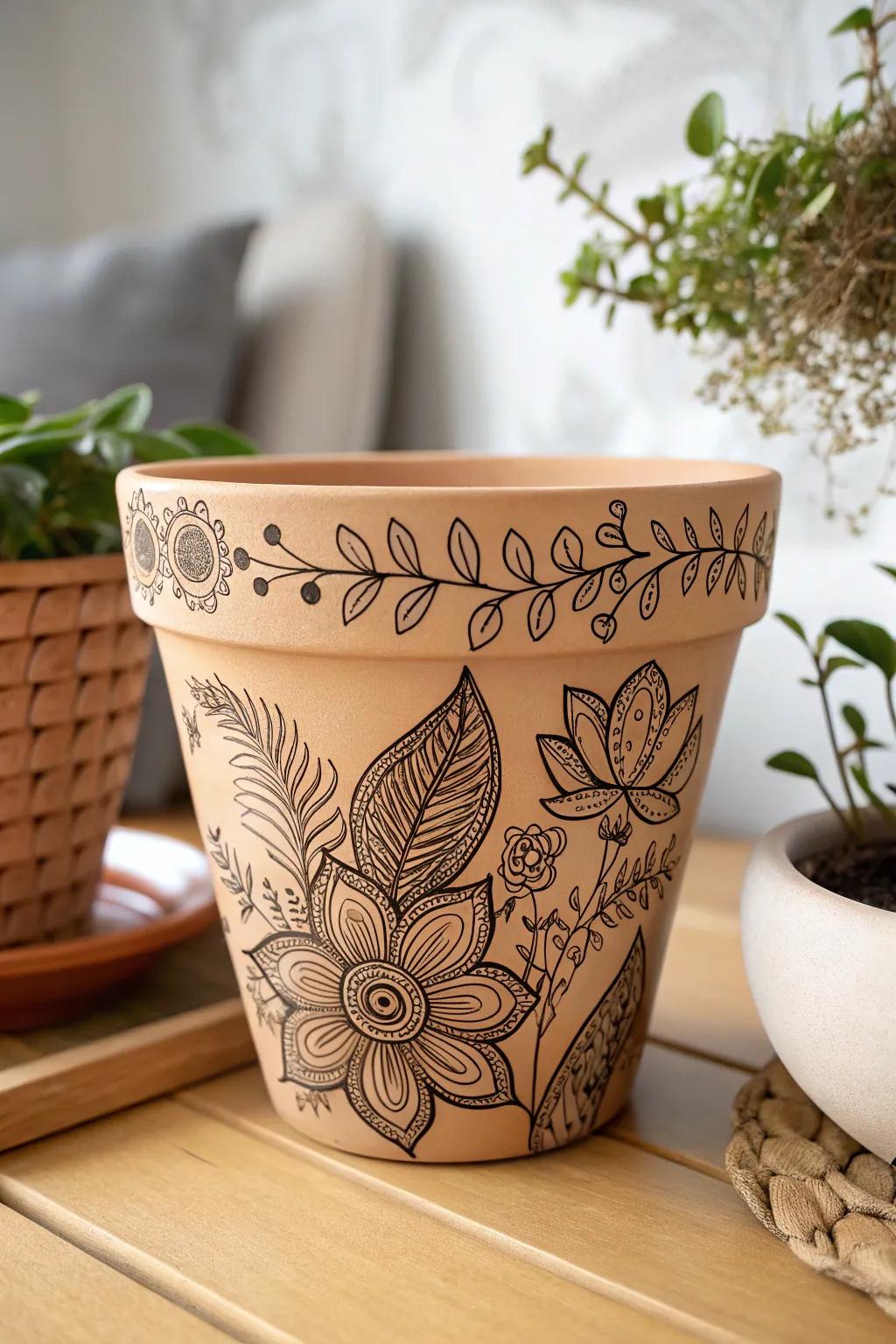 Elevate your indoor garden with a touch of artistic flair using a Sharpie-decorated flower pot. Simple elegance meets creative expression.