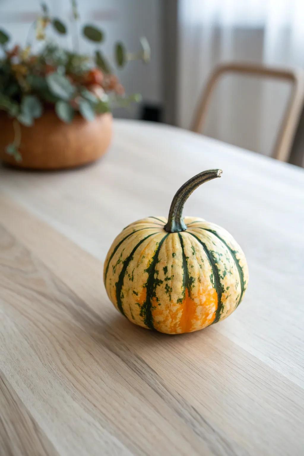 Embrace the beauty of autumn with a single miniature gourd that captures the essence of the season.