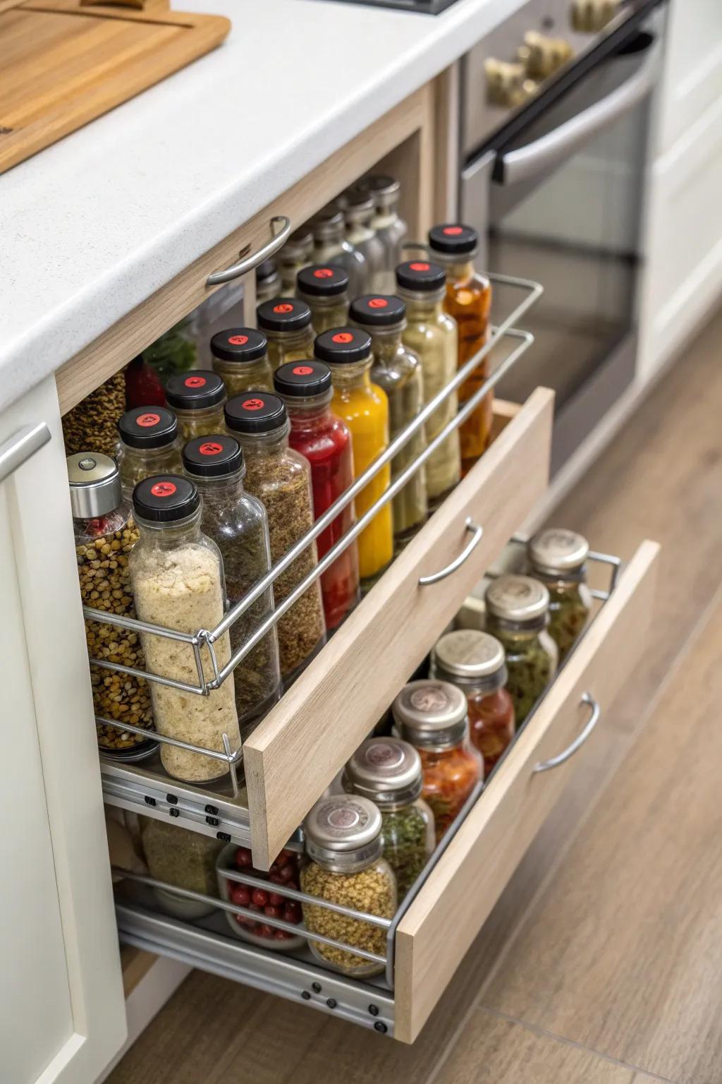 Neatly arranged spices in a handy pull-out rack.