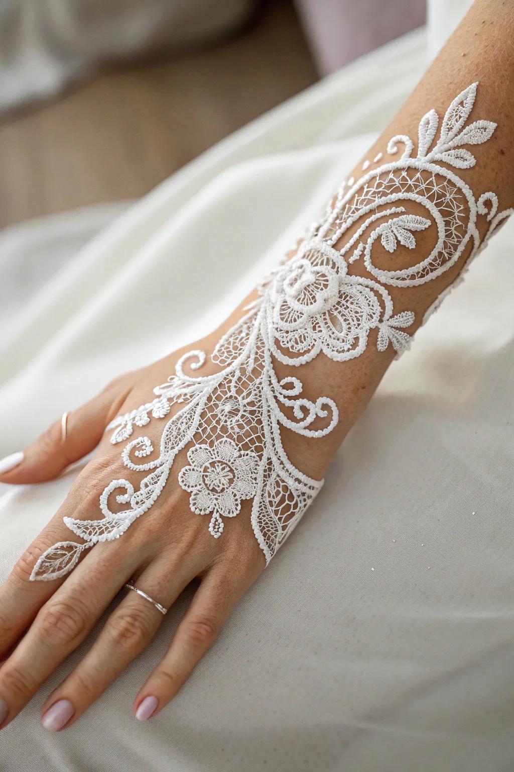 Transform your hand into a piece of timeless elegance with delicate lace patterns.