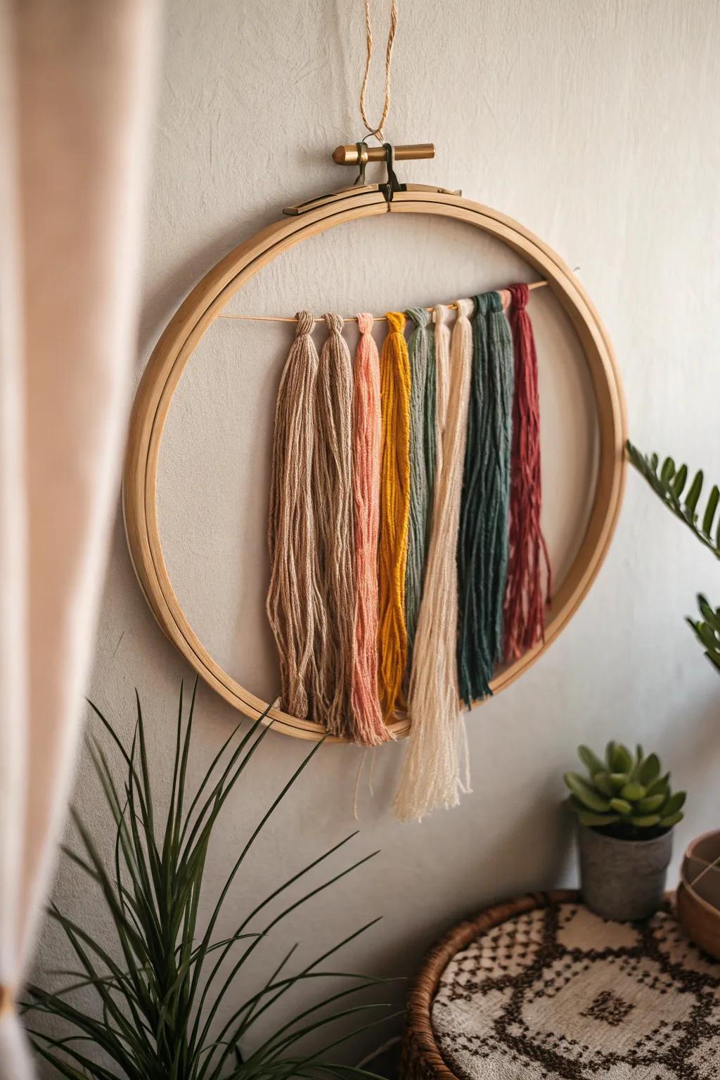 Transform your thread collection into wall art with this chic embroidery hoop display.