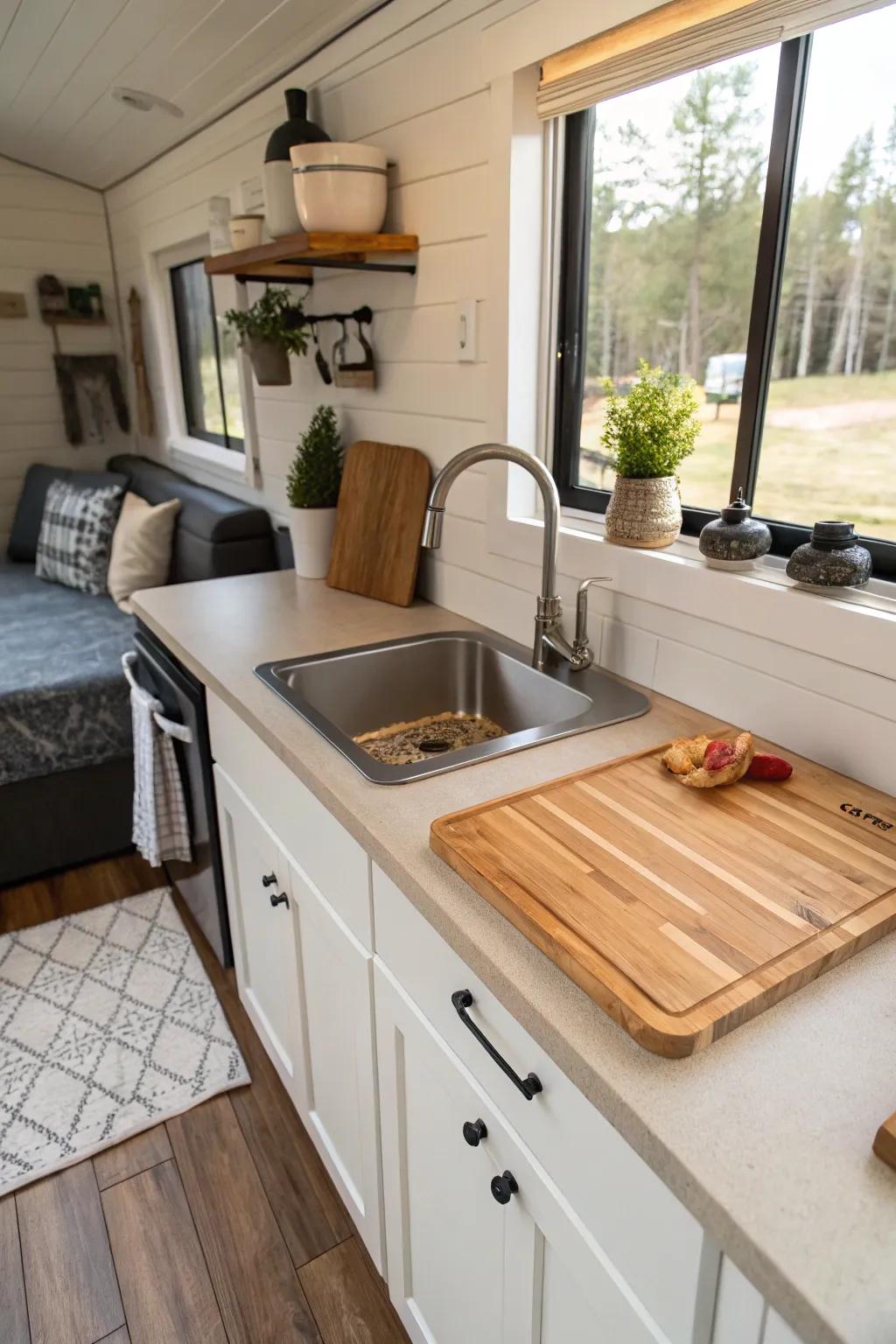 A sink with an integrated cutting board maximizing prep space in a tiny house kitchen.
