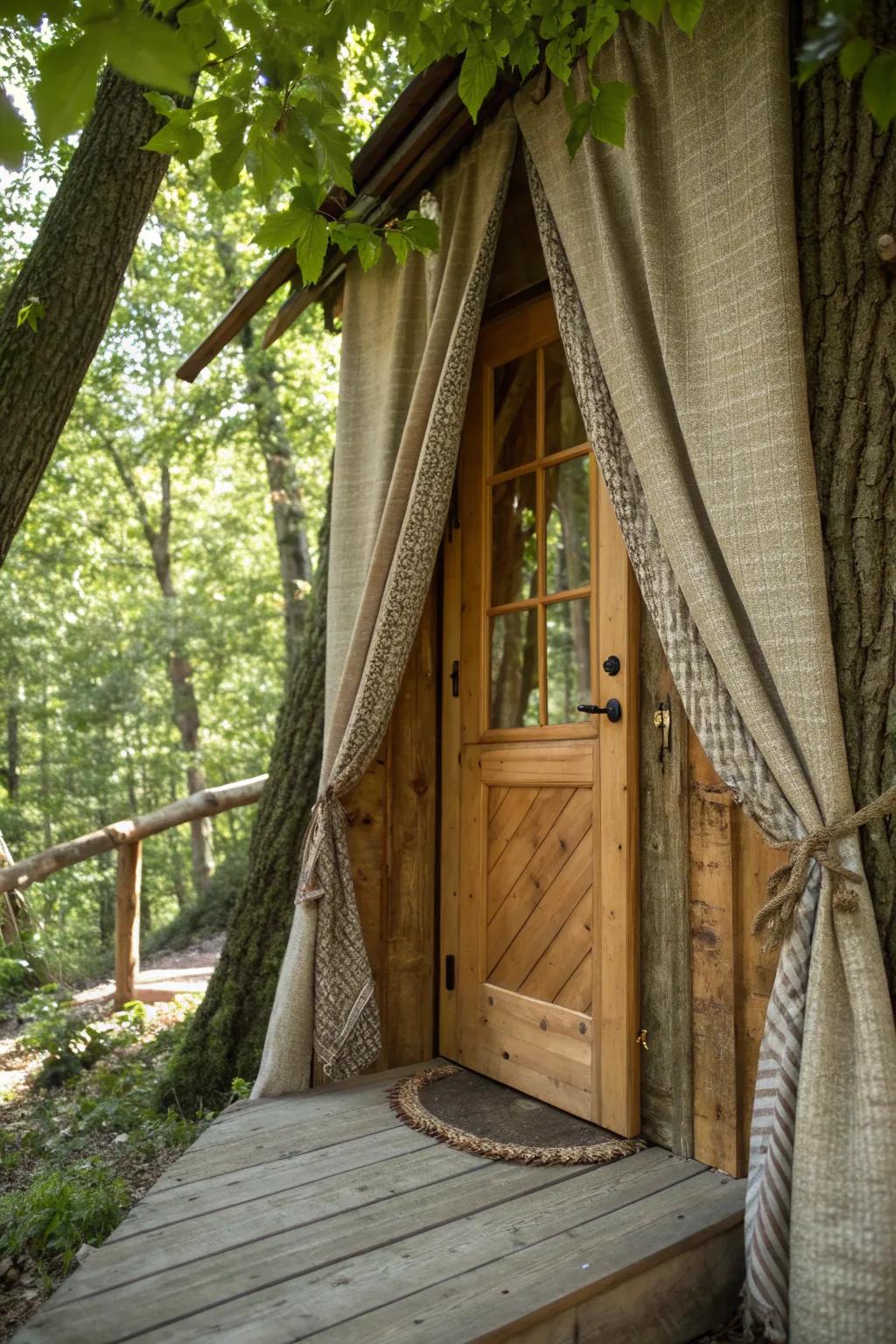 Transform your treehouse entrance with a touch of fabric elegance, blending nature's warmth with exquisite craftsmanship.